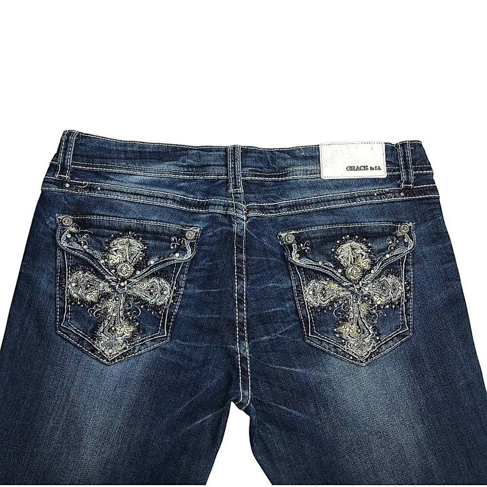 GRACE In LA Cotton Blend Dark Wash Embellished Back Flapped Pockets Boot Cut 30